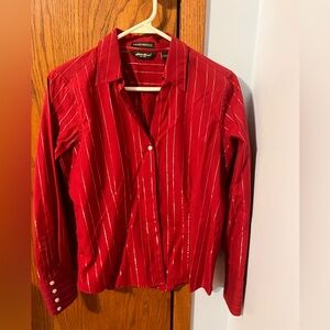 Ladies Eddie Bauer Red w/Silver Stripes Long-Sleeve Button Down Top - Size Small